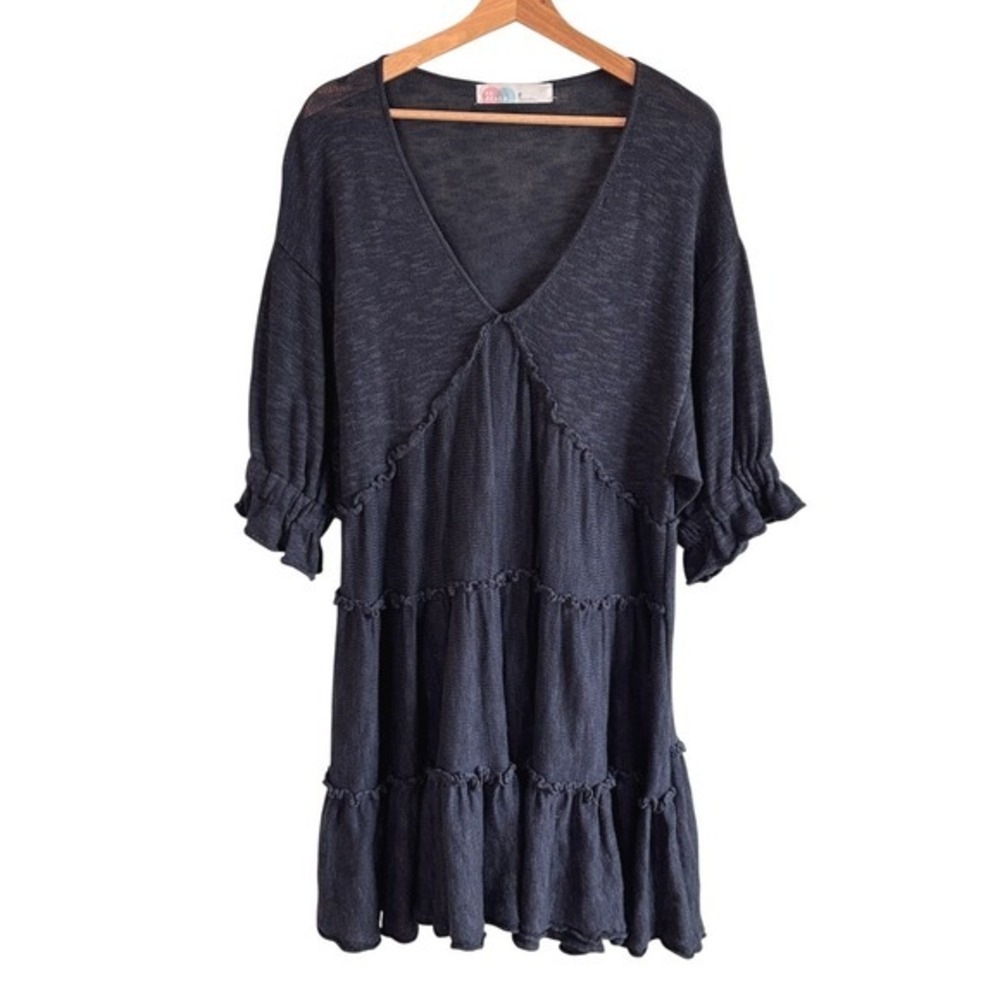 Free People FP Beach Mini Dress Dark Navy XS S Tiered Ruffle Knit Boho Consign - Picture 3 of 10
